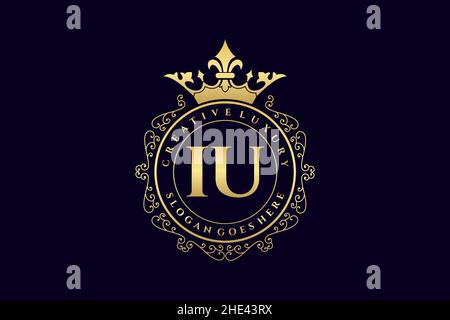 IU Initial Letter Luxury calligraphic feminine floral hand drawn heraldic monogram antique vintage style luxury logo design Premium Stock Vector