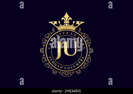 JU Initial Letter Luxury calligraphic feminine floral hand drawn heraldic monogram antique vintage style luxury logo design Premium Stock Vector