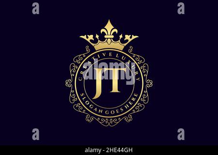JT Initial Letter Luxury calligraphic feminine floral hand drawn heraldic monogram antique vintage style luxury logo design Premium Stock Vector