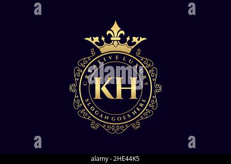 KH Initial Letter Luxury calligraphic feminine floral hand drawn heraldic monogram antique vintage style luxury logo design Premium Stock Vector