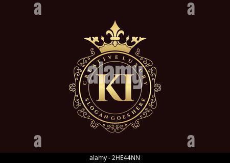 KI Initial Letter Luxury calligraphic feminine floral hand drawn heraldic monogram antique vintage style luxury logo design Premium Stock Vector