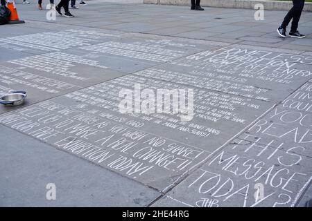 Closeup of Graffiti drawings at Trafalgar Square in London, England. Stock Photo