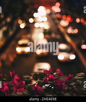 Selective focus shot of pink flowers on a bridge railing and defocused street lights at night Stock Photo