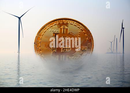 Cryptocurrency and power energy concept. Illustrative content representing the environmental impact due to the large energy requirements regarding blockchain mining Stock Photo