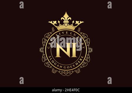 NI Initial Letter Luxury calligraphic feminine floral hand drawn heraldic monogram antique vintage style luxury logo design Premium Stock Vector