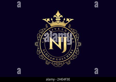 NJ Initial Letter Luxury calligraphic feminine floral hand drawn heraldic monogram antique vintage style luxury logo design Premium Stock Vector