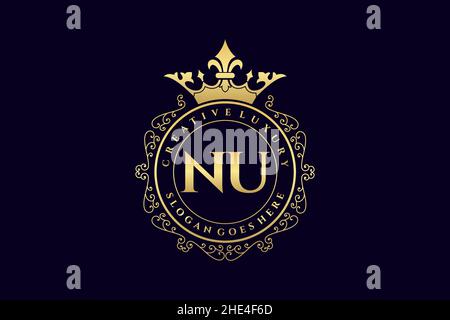NU Initial Letter Luxury calligraphic feminine floral hand drawn heraldic monogram antique vintage style luxury logo design Premium Stock Vector
