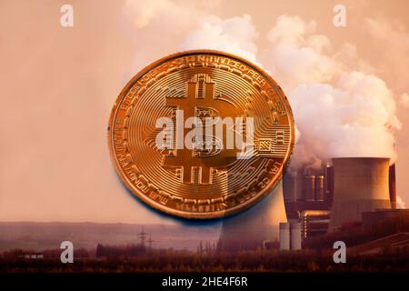 Cryptocurrency and power energy concept. Illustrative content representing the environmental impact due to the large energy requirements regarding blockchain mining Stock Photo