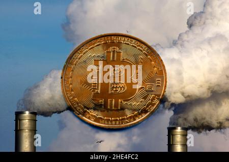 Cryptocurrency and power energy concept. Illustrative content representing the environmental impact due to the large energy requirements regarding blockchain mining Stock Photo