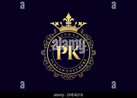 PK Initial Letter Luxury calligraphic feminine floral hand drawn heraldic monogram antique vintage style luxury logo design Premium Stock Vector