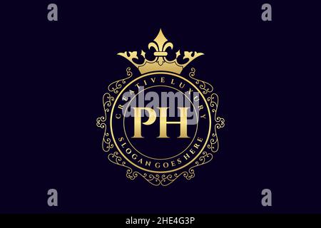 PH Initial Letter Luxury calligraphic feminine floral hand drawn heraldic monogram antique vintage style luxury logo design Premium Stock Vector