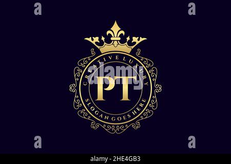PT Initial Letter Luxury calligraphic feminine floral hand drawn heraldic monogram antique vintage style luxury logo design Premium Stock Vector