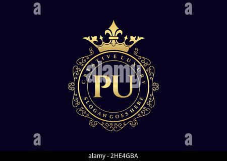 PU Initial Letter Luxury calligraphic feminine floral hand drawn heraldic monogram antique vintage style luxury logo design Premium Stock Vector