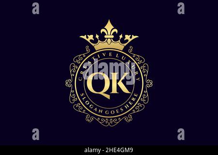 QK Initial Letter Luxury calligraphic feminine floral hand drawn heraldic monogram antique vintage style luxury logo design Premium Stock Vector