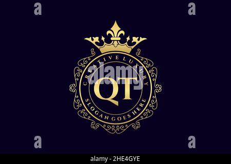 QT Initial Letter Luxury calligraphic feminine floral hand drawn heraldic monogram antique vintage style luxury logo design Premium Stock Vector