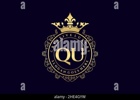QU Initial Letter Luxury calligraphic feminine floral hand drawn heraldic monogram antique vintage style luxury logo design Premium Stock Vector