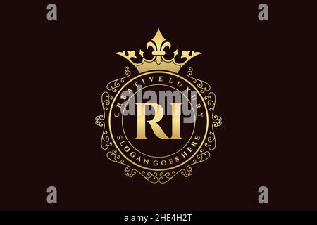 RI Initial Letter Luxury calligraphic feminine floral hand drawn heraldic monogram antique vintage style luxury logo design Premium Stock Vector