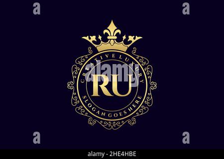 RU Initial Letter Luxury calligraphic feminine floral hand drawn heraldic monogram antique vintage style luxury logo design Premium Stock Vector