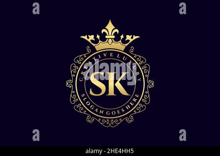SK Initial Letter Luxury calligraphic feminine floral hand drawn heraldic monogram antique vintage style luxury logo design Premium Stock Vector