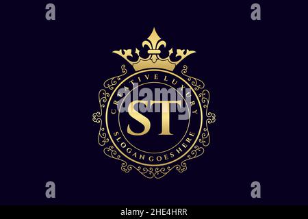 ST Initial Letter Luxury calligraphic feminine floral hand drawn heraldic monogram antique vintage style luxury logo design Premium Stock Vector