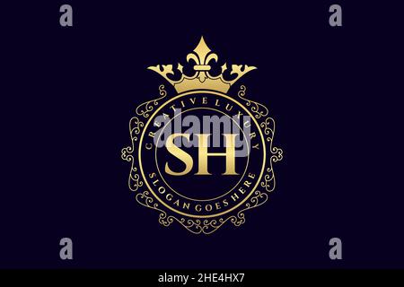 SH Initial Letter Luxury calligraphic feminine floral hand drawn heraldic monogram antique vintage style luxury logo design Premium Stock Vector