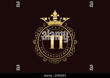 TI Initial Letter Luxury calligraphic feminine floral hand drawn heraldic monogram antique vintage style luxury logo design Premium Stock Vector