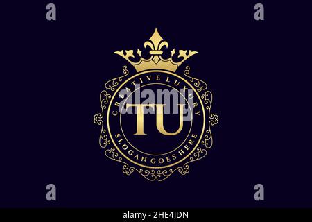 TU Initial Letter Luxury calligraphic feminine floral hand drawn heraldic monogram antique vintage style luxury logo design Premium Stock Vector