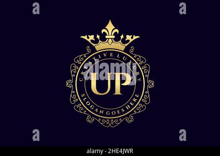 UP Initial Letter Luxury calligraphic feminine floral hand drawn heraldic monogram antique vintage style luxury logo design Premium Stock Vector