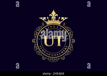 UT Initial Letter Luxury calligraphic feminine floral hand drawn heraldic monogram antique vintage style luxury logo design Premium Stock Vector