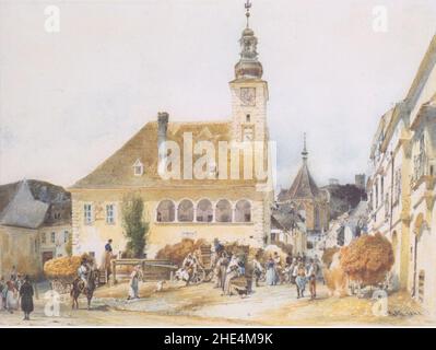 Rudolf von Alt - Das Rathaus in Mödling - 1842. Stock Photo