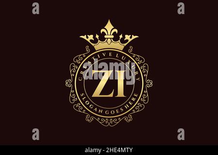 ZI Initial Letter Luxury calligraphic feminine floral hand drawn heraldic monogram antique vintage style luxury logo design Premium Stock Vector
