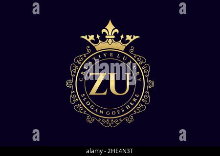 ZU Initial Letter Luxury calligraphic feminine floral hand drawn heraldic monogram antique vintage style luxury logo design Premium Stock Vector