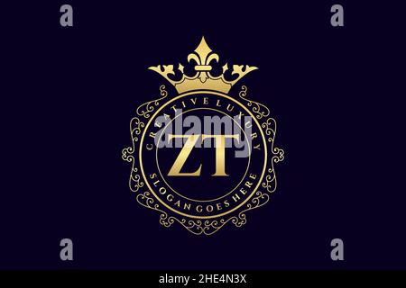 ZT Initial Letter Luxury calligraphic feminine floral hand drawn heraldic monogram antique vintage style luxury logo design Premium Stock Vector