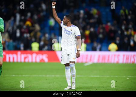 Madrid, Spain. 8th Jan, 2021. Real Madrid's David Alaba celebrates the victory after a Spanish first division league football match between Real Madrid and Valencia CF in Madrid, Spain, Jan. 8, 2021. Credit: Gustavo Valiente/Xinhua/Alamy Live News Stock Photo