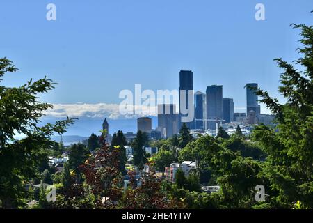 The Seattle skyline as seen from Jose Rizal Park, Washington State, USA Stock Photo