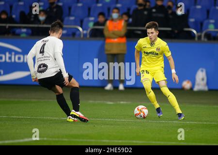 A Coruna-Spain.Nikita Iosifov in action during the football match of Spanish King's Cup between Victoria CF and Villarreal in Riazor Stadium Stock Photo