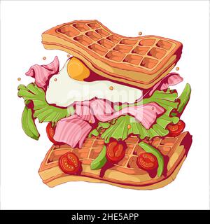 Hand drawn vector illustration of falling Viennese or Belgian waffles with omelet, bacon, green salad, sliced avocado and Cherry tomatoes with quote i Stock Vector