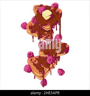 Hand drawn vector illustration of falling Viennese or Belgian waffles with raspberry, chocolate syrup and butter in comix style. Isolated on white bac Stock Vector