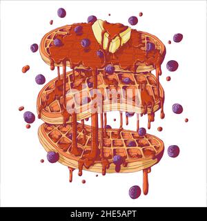 Hand drawn vector illustration of falling Viennese or Belgian waffles with blueberry, maple syrup and butter in comix style. Isolated on white backgro Stock Vector