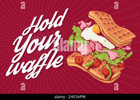 Hand drawn vector illustration of falling Viennese or Belgian waffles with omelet, bacon, green salad, sliced avocado and Cherry tomatoes with quote - Stock Vector