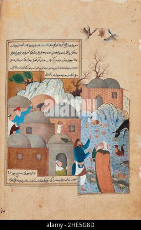 Sadiqi Beg, The Ducks Carry the Tortoise over a Village, from Anvar-i Suhayli, Qazvin, 1593 Stock Photo