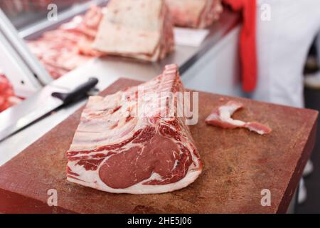 Meat prepared for sale in shop Stock Photo