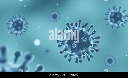 COVID-19 Corona virus with spike glycoprotein are floating on the air . Blue color background . 3D rendering . Stock Photo