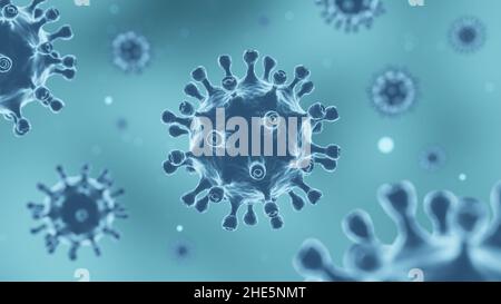 COVID-19 Corona virus with spike glycoprotein are floating on the air . Blue color background . 3D rendering . Stock Photo