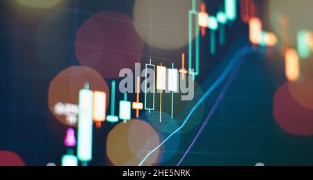 Abstract glowing forex chart interface wallpaper. Investment, trade, stock, finance and analysis concept. Stock Photo