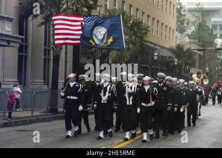 Sailors walk in the Mardi Gras Floral Parade in Mobile, Ala. (26370406878). Stock Photo