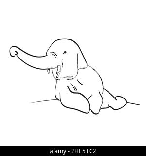 young elephant sitting illustration vector hand drawn isolated on white background line art. Stock Vector