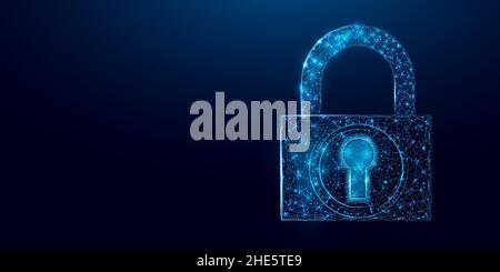 Guard shield. Cyber security concept with glowing low poly shield on dark blue background. Wireframe low poly design. Abstract futuristic vector illus Stock Vector