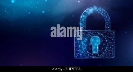 Guard shield. Cyber security concept with glowing low poly shield on dark blue background. Wireframe low poly design. Abstract futuristic vector illus Stock Vector