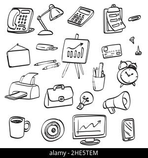 Business office accessories symbols illustration vector hand drawn isolated on white background line art. Stock Vector